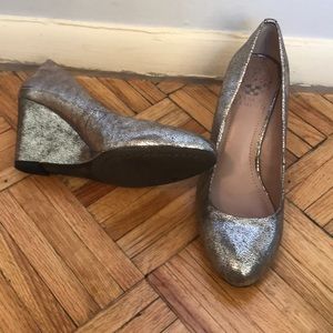 Silver Vince Camuto wedge heels.